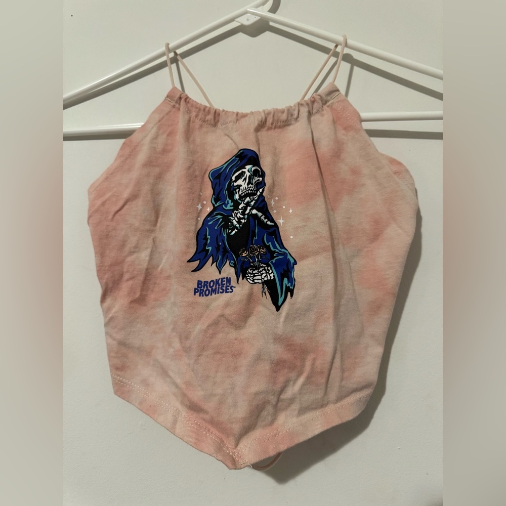 Broken Promises Pink Tie-Dye w/ Grim Reaper Print On Front & Tie-Back Closure